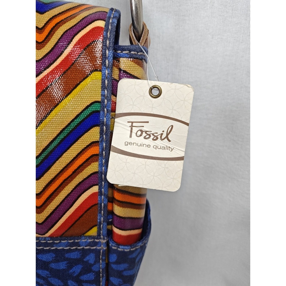 FOSSIL Keyper Flap Crossbody Messenger‎ Bag Stripe Blue Yellow Orange Brown New - Picture 3 of 13